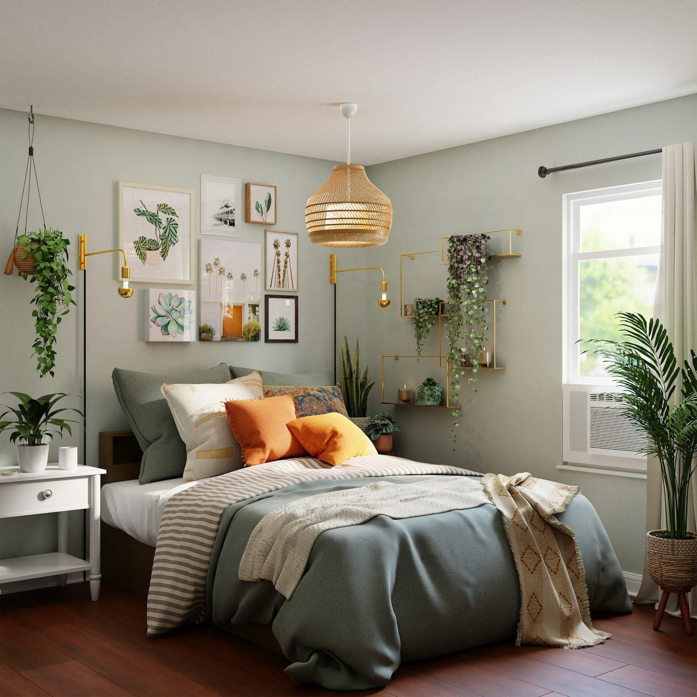A bedroom with a grey-green bed, plants, framed pictures, and a window